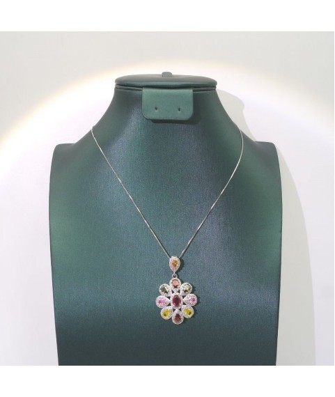 Natural coloured Tourmaline rose gold inlaid flowers pendant necklace  