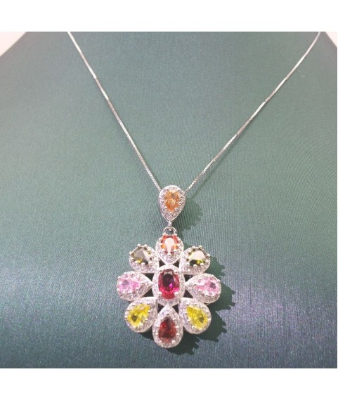 Natural coloured Tourmaline rose gold inlaid flowers pendant necklace  