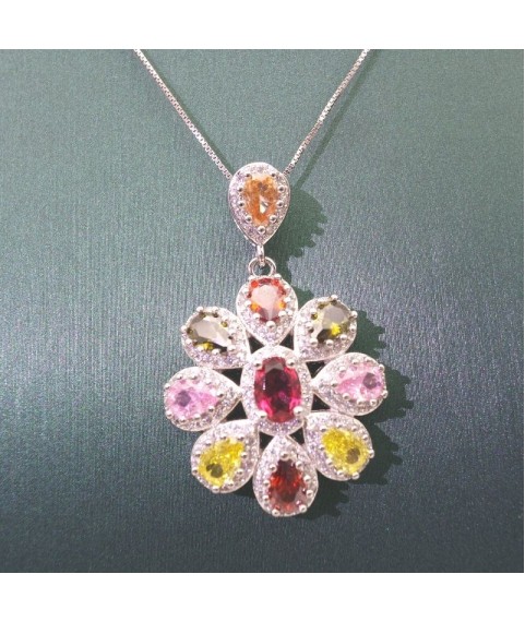 Natural coloured Tourmaline rose gold inlaid flowers pendant necklace  