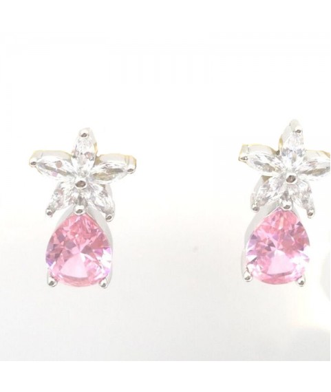 Natural pink jewel with flower and water drop jewel ear stud