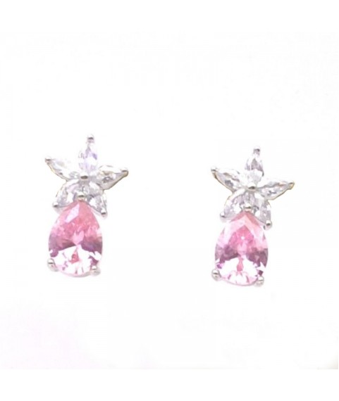 Natural pink jewel with flower and water drop jewel ear stud