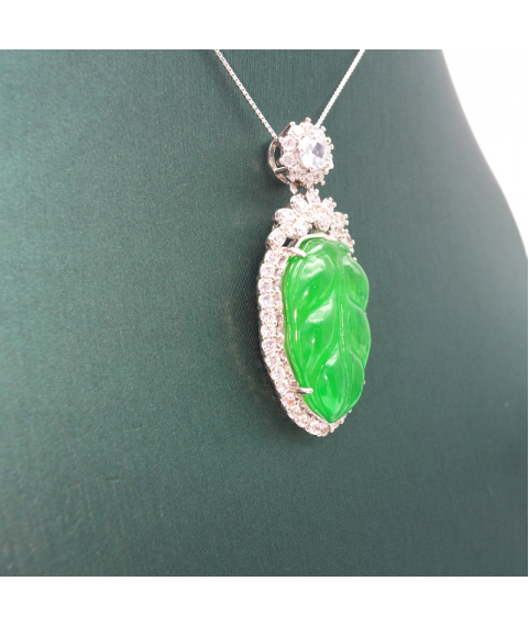 Emerald carved cabbage Silver Edge Diamond Pendant