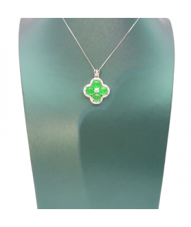 Natural emerald clover silver edged diamond necklace