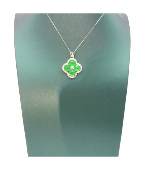 Natural emerald clover silver edged diamond necklace