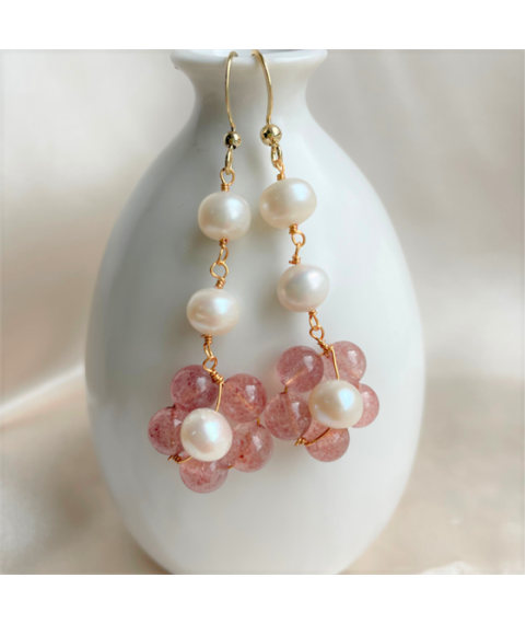 Red flower strawberry crystal pearl earrings