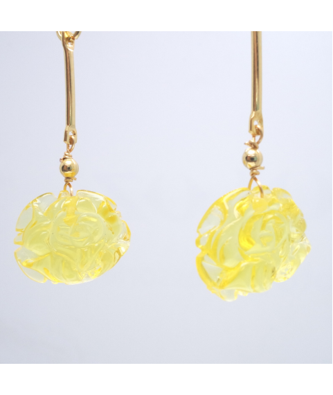 Yellow beeswax carved peony crystal ear hook