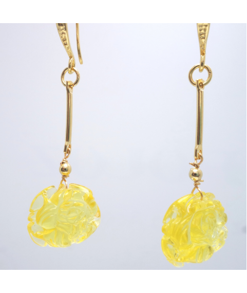 Yellow beeswax carved peony crystal ear hook