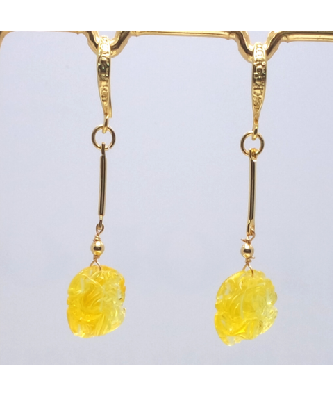 Yellow beeswax carved peony crystal ear hook