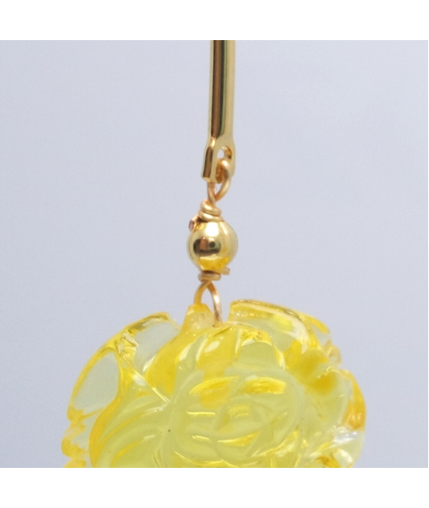 Yellow beeswax carved peony crystal ear hook